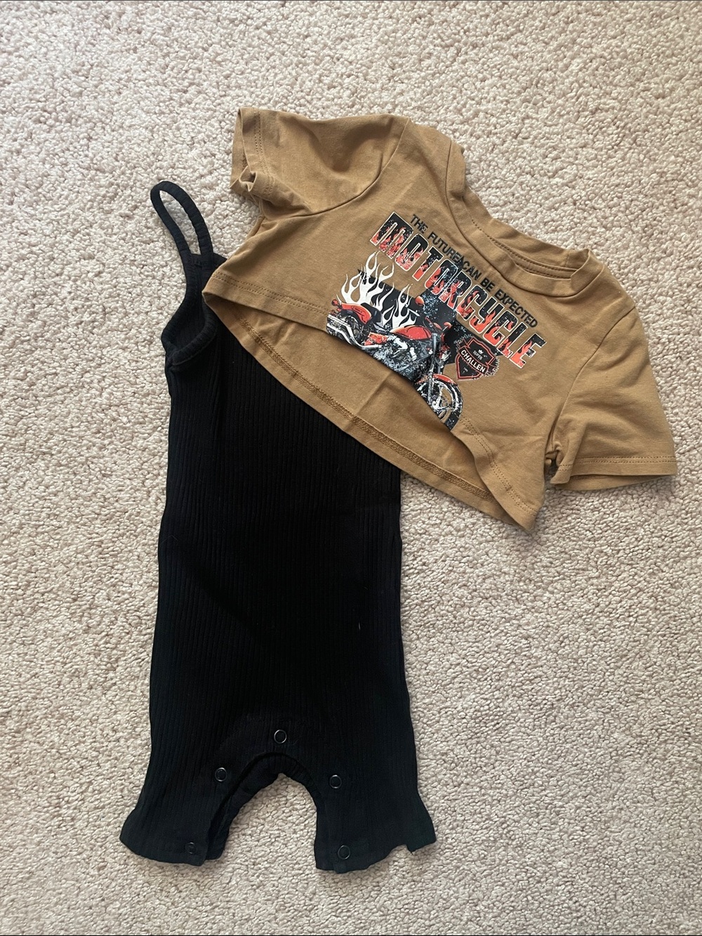 Two-Piece Baby Set - Tan Motorcycle Crop Tee & Black Ribbed Romper